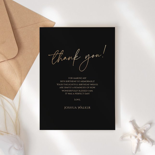 Modern Svart Guld 16-års Födelsedags Tacksamhetsko Tack Kort (Modern Black Gold 16th Birthday Thank You Card)