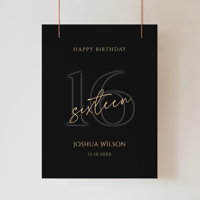 Modern svart guld 16-års födelsedagsfestaffisch poster (Modern Black Gold 16th Birthday Party Poster)