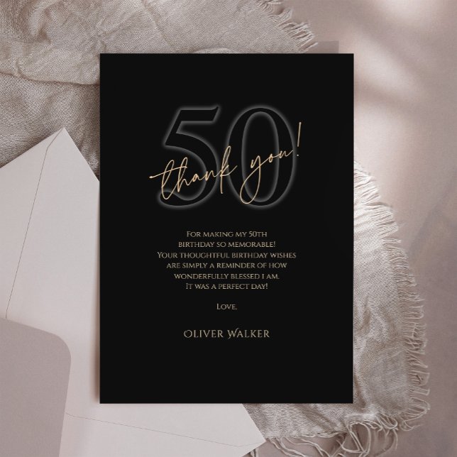 Modern svart guld 50-års födelsedags tackkort tack kort (Modern Black Gold 50th Birthday Thank You Card)