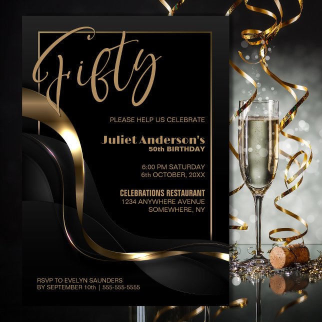 Modern svart Guld 50:e Födelsedagsfesten Inbjudningar (Skapare uppladdad)