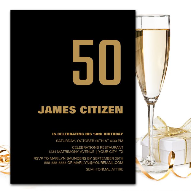 Modern svart Guld 50:e Födelsedagsfesten Inbjudningar (Skapare uppladdad)