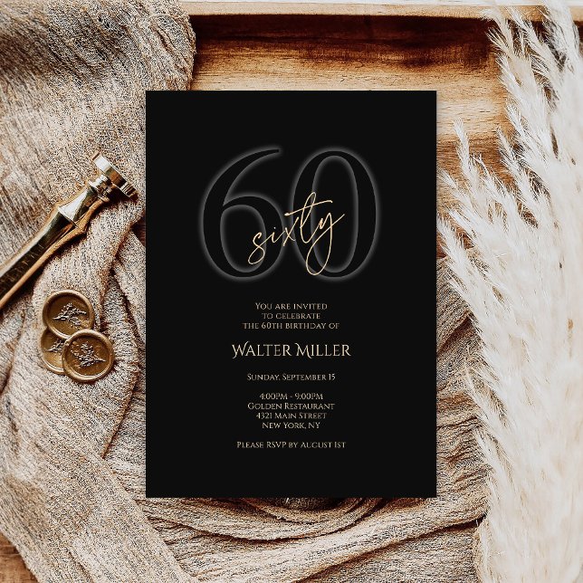 Modern svart guld 60-års födelsedagsinbjudan inbjudningar (Modern Black Gold 60th Birthday Invitation)