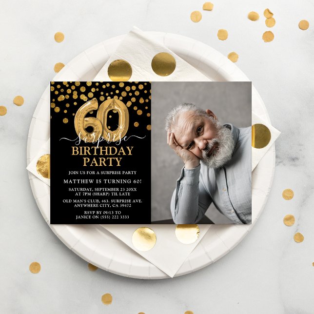Modern Svart & Guld 60-års Överrasknings Födelseda Inbjudningar (Skapare uppladdad)