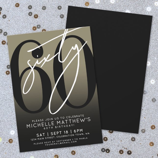 Modern Svart Guld 60-årsfirande Inbjudningar (Modern Black Gold 60th Birthday Party Invitation)