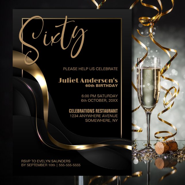 Modern svart Guld 60:e Födelsedagsfesten Inbjudningar (Skapare uppladdad)