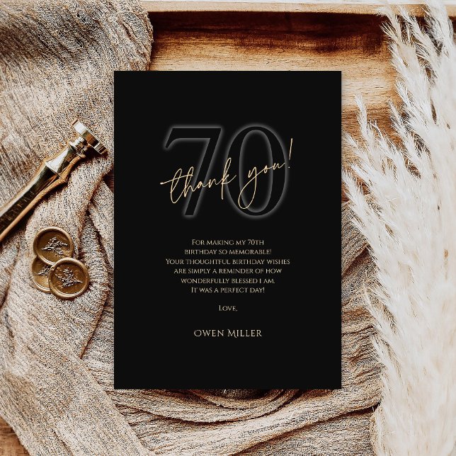 Modern Svart Guld 70-års Födelsedags Tacksamhetsko Tack Kort (Modern Black Gold 70th Birthday Thank You Card)