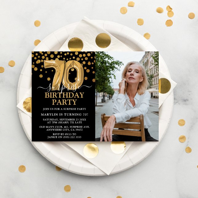 Modern svart & guld 70-års överraskningsfödelsedag inbjudningar (Skapare uppladdad)