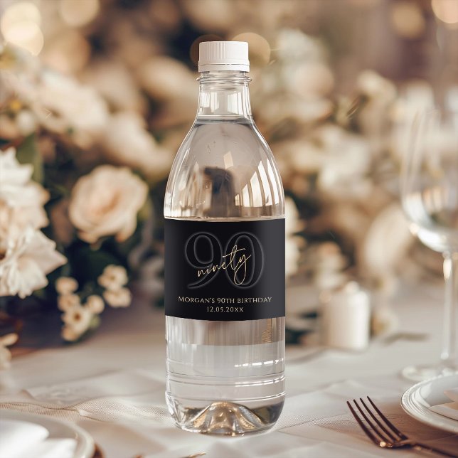 Modern svart guld 90-årsfest vattenflaskor etikett (Modern Black Gold 90th Birthday Party Water Bottle Label)