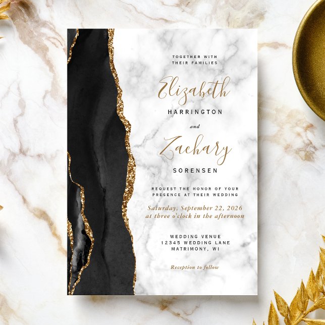 Modern Svart Guld Agat Marmor Bröllop Inbjudningar (Skapare uppladdad)