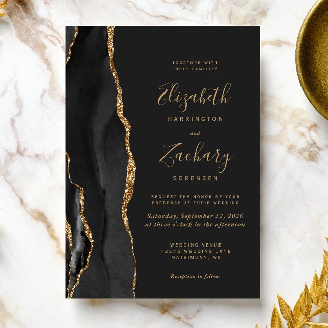 Modern Svart Guld Agat Mörk Bröllop Inbjudningar (The perfect choice for a black and gold themed wedding.)