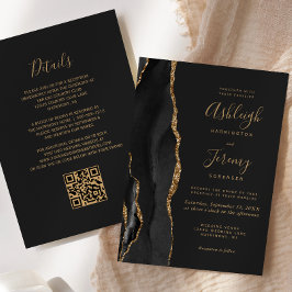 Modern Svart Guld Agat Mörk QR-kod Bröllop Inbjudningar