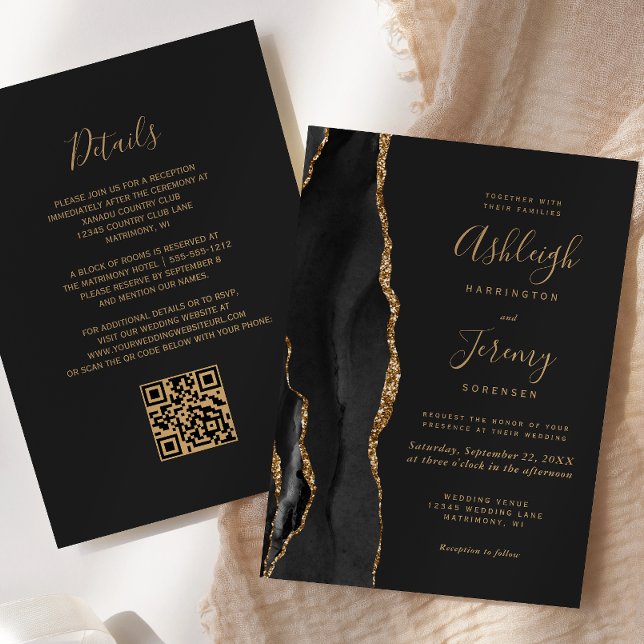 Modern Svart Guld Agat Mörk QR-kod Bröllop Inbjudningar (Skapare uppladdad)