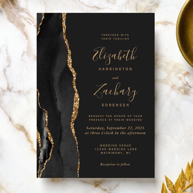 Modern Svart Guld Agat Mörkt Bröllop Inbjudningar (The perfect choice for a black and gold themed wedding.)