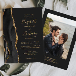 Modern svart guld Agate Foto Mörk Bröllop Inbjudningar