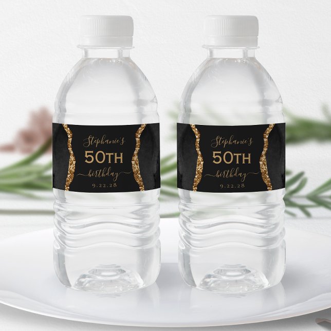 Modern svart guld Agate mörk 50-årsdag Vattenflaskor Etikett (Skapare uppladdad)