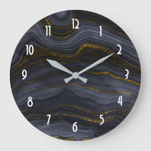 Modern svart & Guld-agate Stone-Abstrakt Stor Klocka