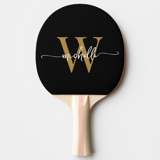 Modern svart guld anpassad monogram namn manus pingisracket (Framsidan)