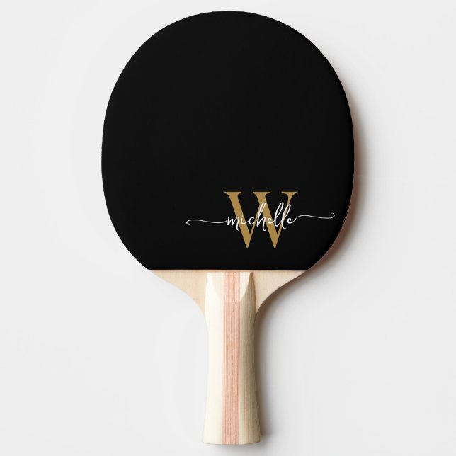 Modern svart guld anpassad monogram namn skrift pingisracket (Framsidan)