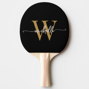 Modern svart guld anpassad monogram namn skript pingisracket