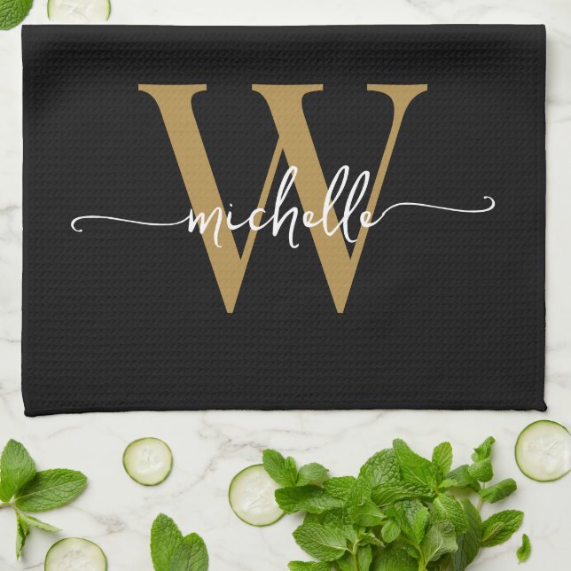 Modern svart guld anpassad monogram namn skrivstil kökshandduk (Vikta)
