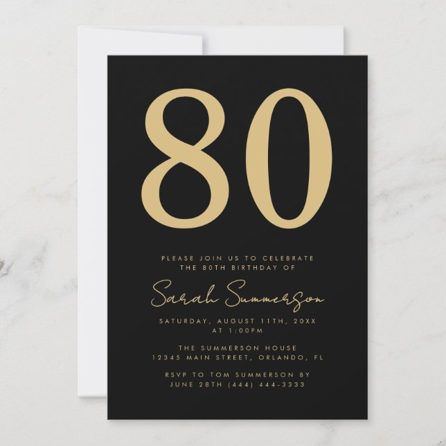 Modern svart guld åttio 80-årsdag inbjudningar (Framsida)