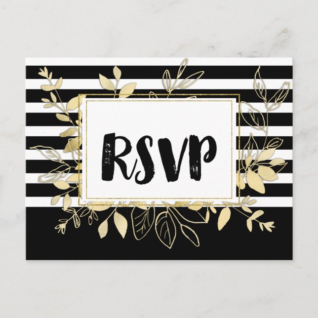 Modern Svart Guld Botanisk Glamour Bröllop RSVP Inbjudan Vykort (Framsida)