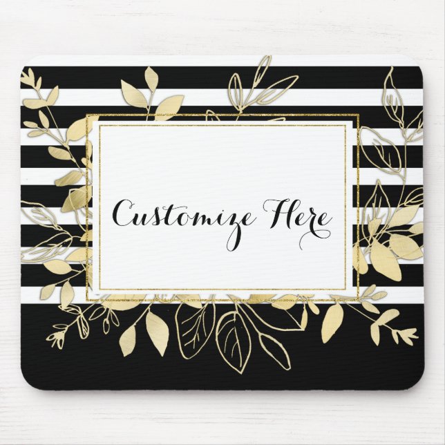 Modern svart guld botaniska blad glamour chic musmatta (Framsidan)