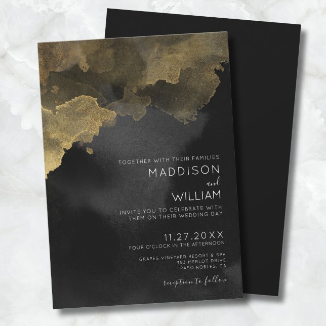 Modern Svart Guld Bröllop Inbjudningar (Modern Watercolor Black Gold Wedding Invitation)