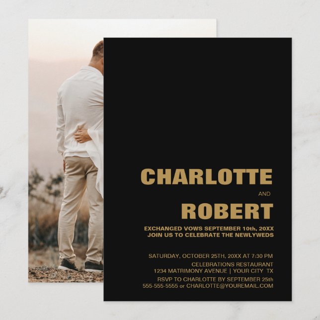 Modern svart guld bröllopsmottagning inbjudningar (Fram/baksida)