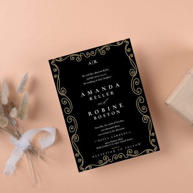 Modern Svart & Guld Elegant bröllop-inbjudan Inbjudningar (Skapare uppladdad)