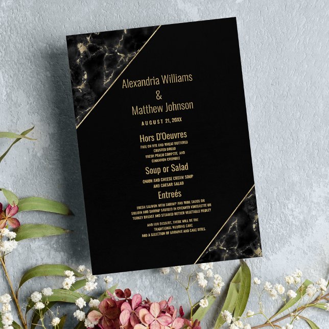 Modern svart guld elegant marble Bröllop Menu Meny (Modern black gold elegant marble Wedding Menu )