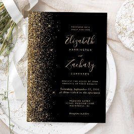 Modern svart guld falskt glitter kant bröllop inbjudningar