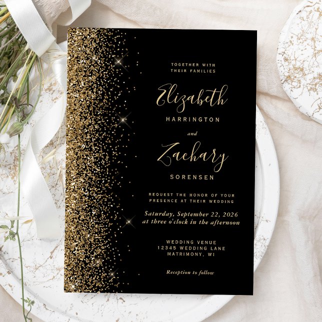 Modern svart guld falskt glitter kant bröllop inbjudningar (Skapare uppladdad)