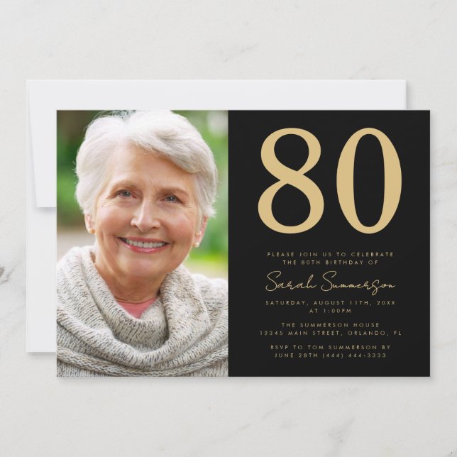 Modern Svart Guld Foto 80-årsdag Inbjudningar (Framsida)