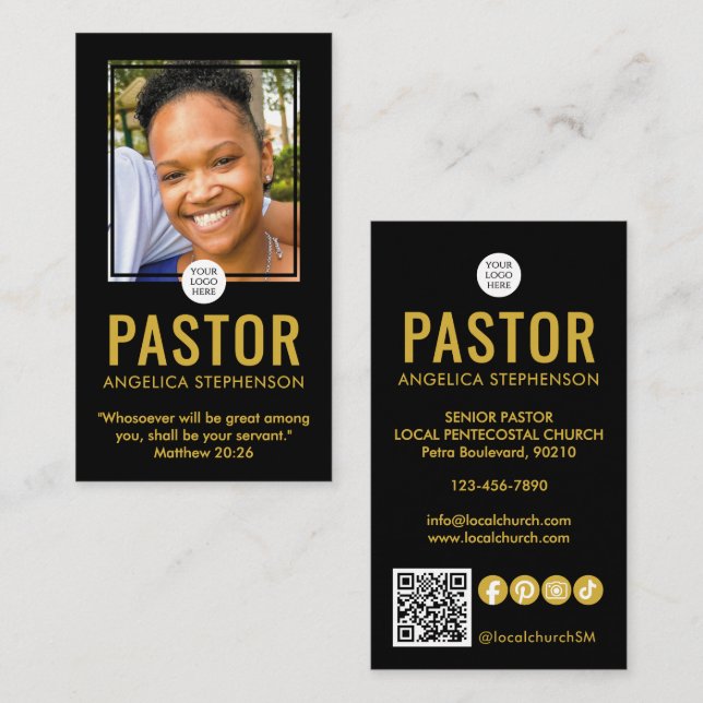 Modern svart guld foto QR logotyp kyrka pastor Visitkort (Fram/baksida)