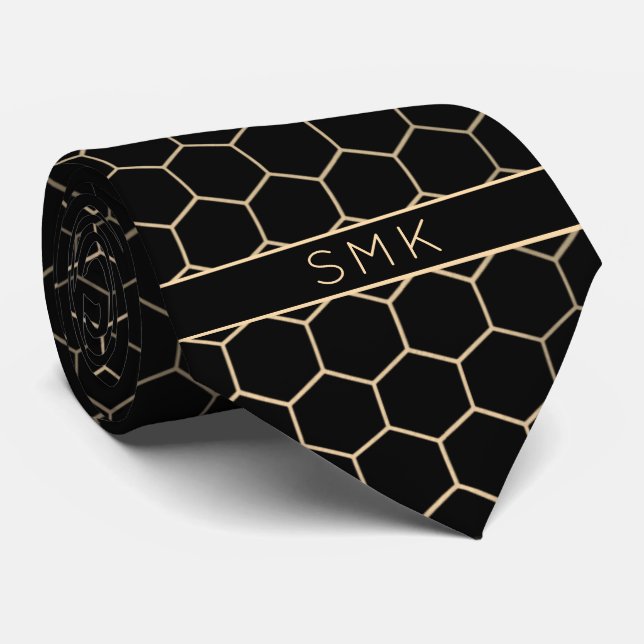 Modern svart guld, geometriskt monogram slips (Rullad)