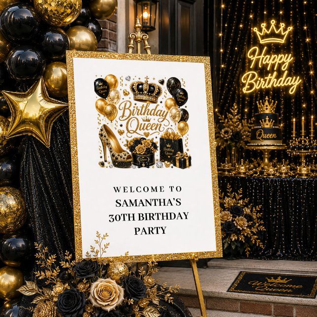 Modern svart guld glitter födelsedag drottning väl poster (Modern Black Gold Glitter Birthday Queen Welcome Sign

)