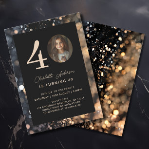 Modern, Svart, Guld, Glitter, Foto, 40:e födelseda Inbjudningar