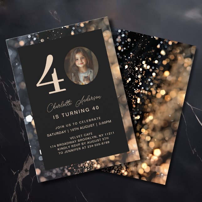 Modern, Svart, Guld, Glitter, Foto, 40:e födelseda Inbjudningar (Modern, Black, Gold, Glitter, Photo, 40. Birthday Invitation)