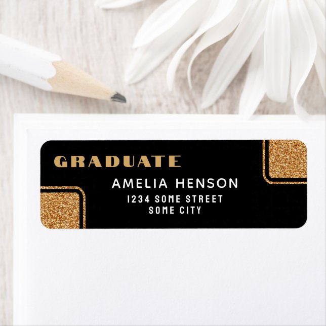 Modern svart guld glitter Graduate Returadress  Etikett (Insitu)