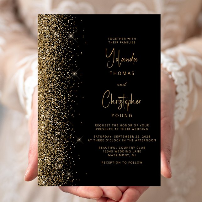 Modern svart guld glitter trendig bröllop inbjudningar (Skapare uppladdad)