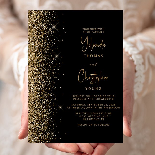 Modern svart guld glitter trendig bröllop inbjudningar (Skapare uppladdad)