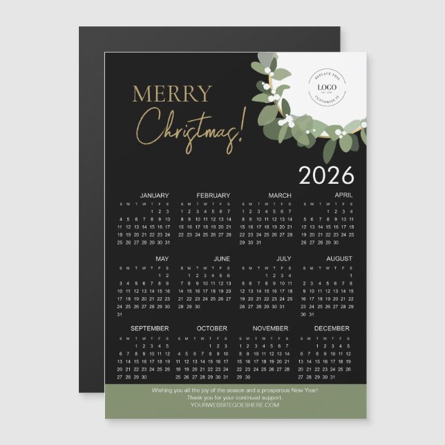 Modern Svart & Guld God Jul 2026 Kalender (Fram/baksida)