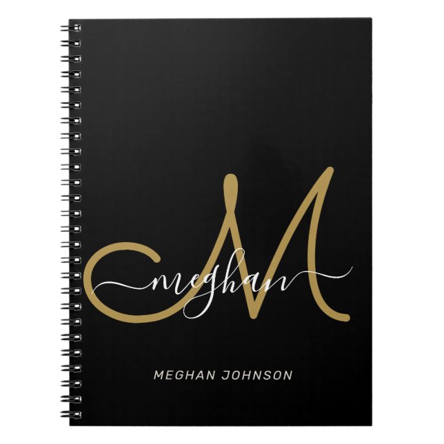 Modern svart guld handskriven typsnittsmonogram anteckningsbok (Framsidan)