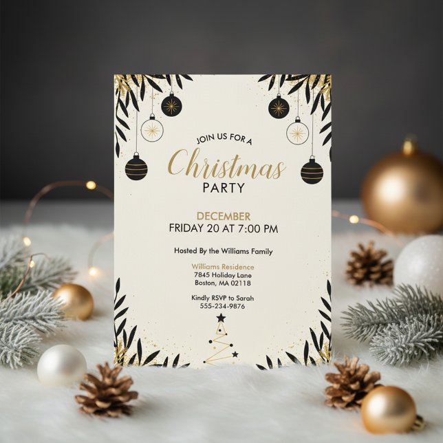 Modern Svart Guld Julfestinladan Inbjudningar (Modern Holiday Invitation)
