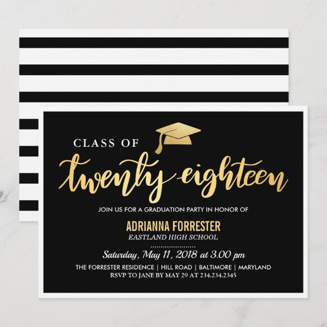 Modern svart Guld| Klassen Student i 2018 års skri Inbjudningar (Fram/baksida)
