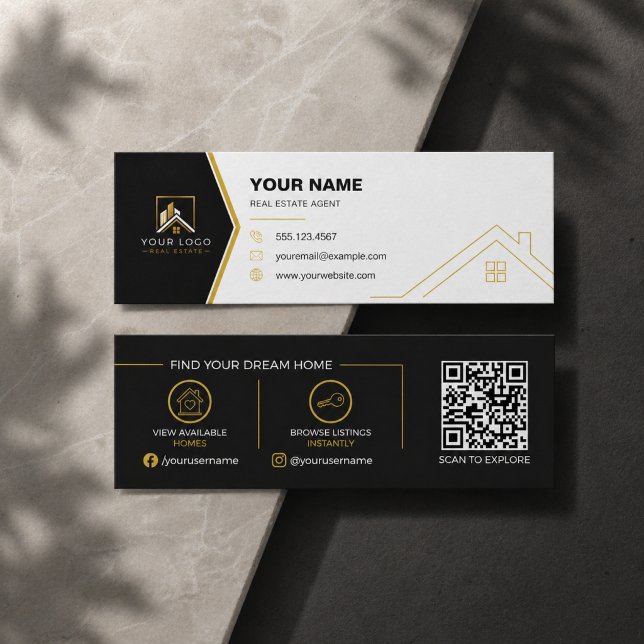 Modern Svart Guld Lyx Fastigheter QR-kod Mini Visitkort (Luxury Black & Gold QR Code Business Card for Realtors)