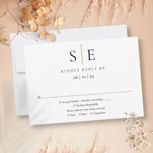 Modern Svart Guld Minimalistisk Monogram Bröllop R OSA Kort (Modern Black Gold Minimalist Monogram Wedding RSVP)