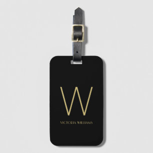 Modern svart guld-minimalistisk monogram namn bagagebricka