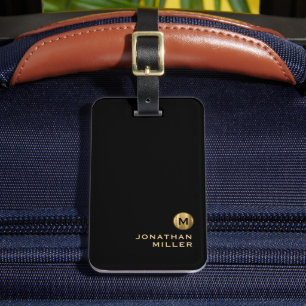 Modern svart Guld-minimalistisk monogram Namn Bagagebricka